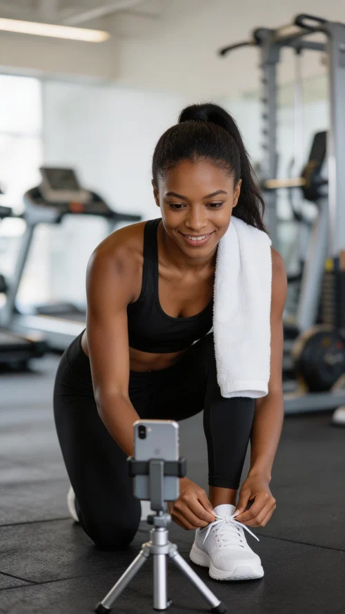 Black woman filming gym mini vlog tying shoes beside tripod