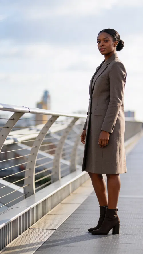 Black woman full-body bridge portrait with tailored coat and diffused daylight