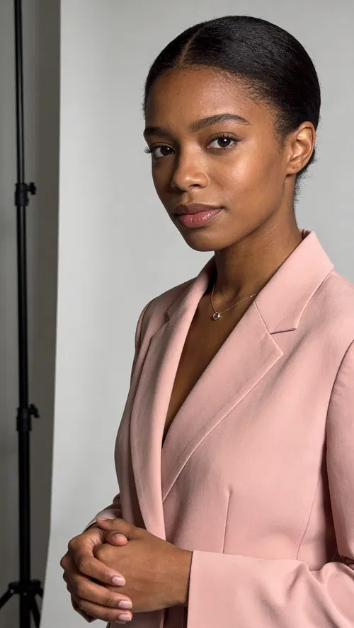 Black woman half-body studio portrait with blush blazer and softbox lighting