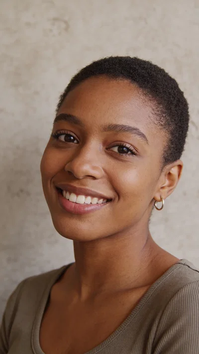 Black woman headshot against neutral wall for Instagram profile photos