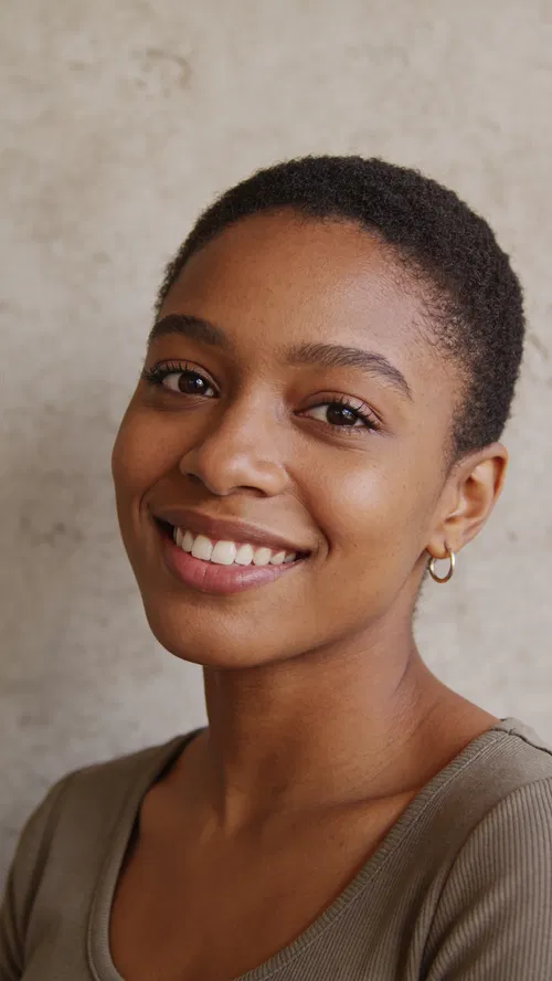 Black woman headshot against neutral wall for Instagram profile photos