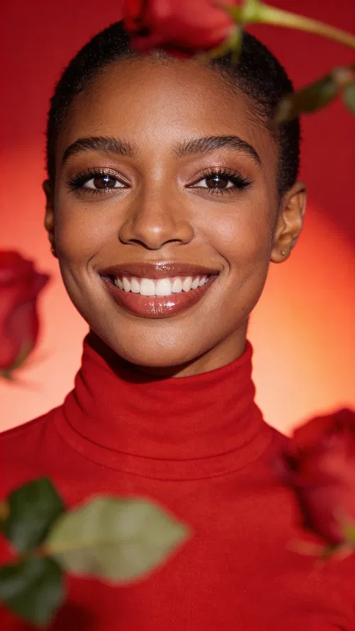 Black woman headshot in red turtleneck on red studio background.