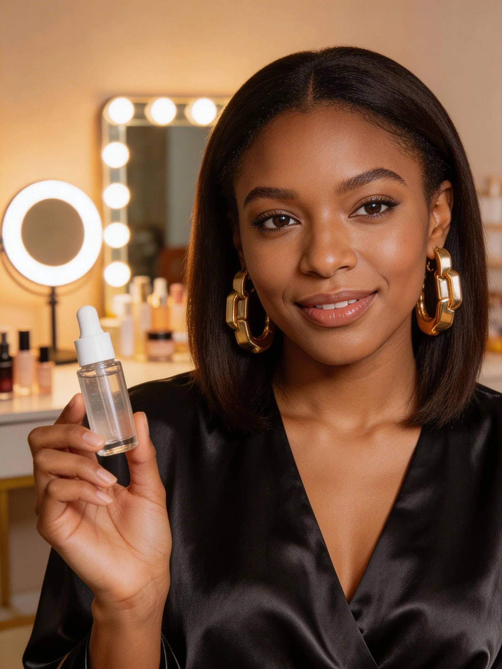 Black woman holding product for TikTok review in vanity setup