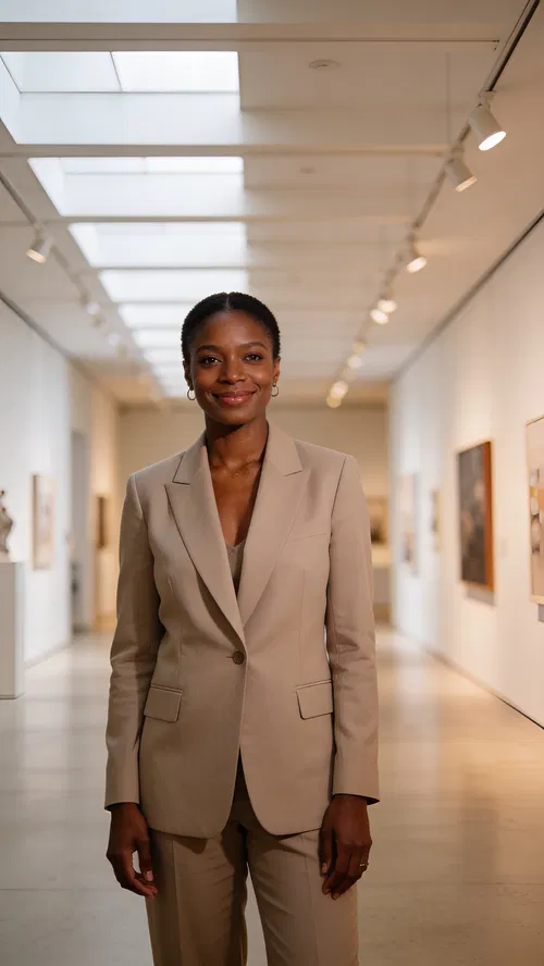 Black woman in art gallery portrait for Instagram content photos