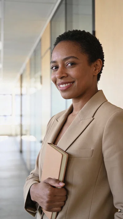 Black woman in beige blazer in office hallway portrait