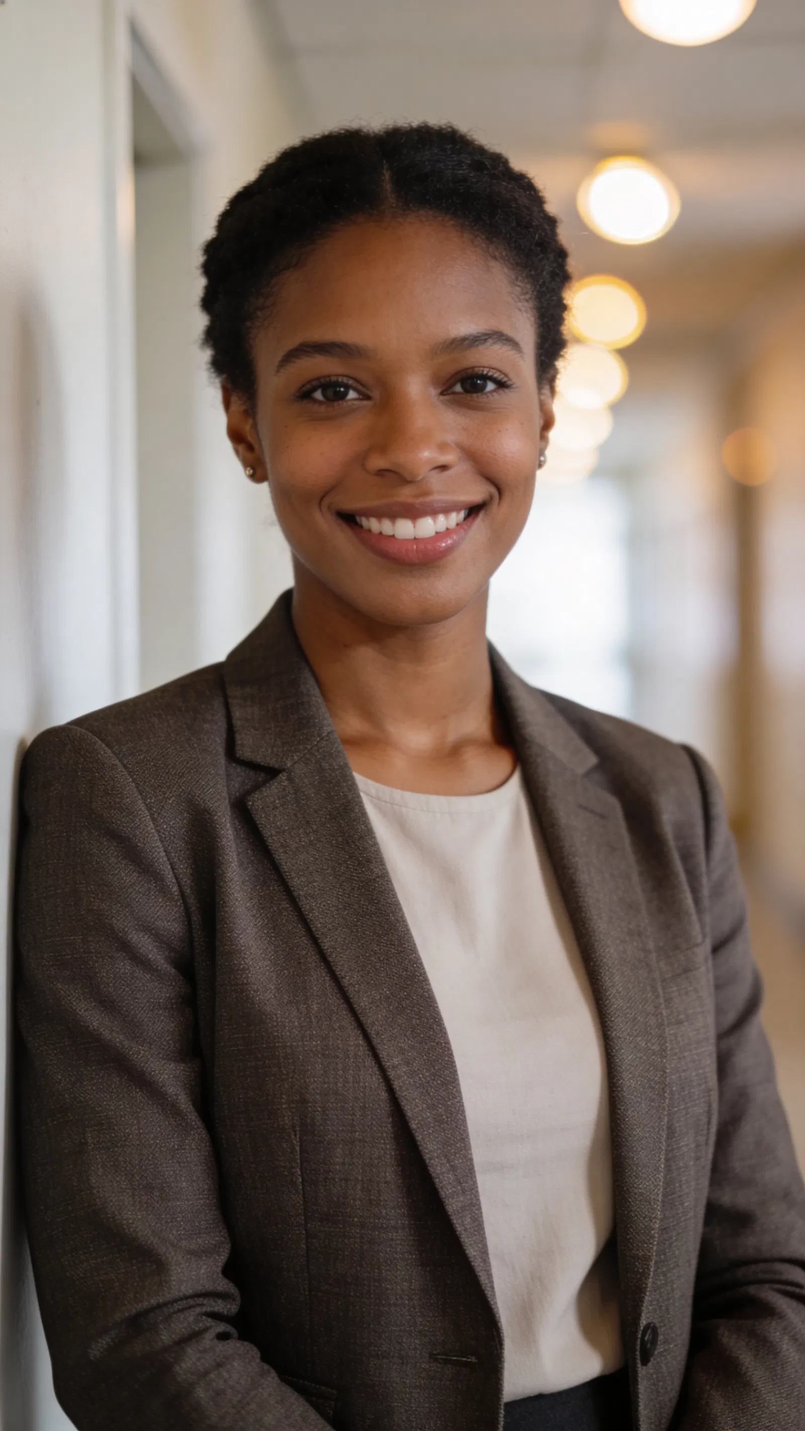 Black woman in blazer smiling in bright hallway portrait