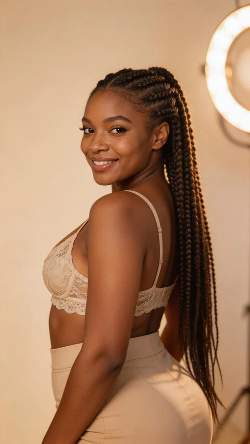 Black woman in bralette and skirt, playful over-shoulder home studio portrait