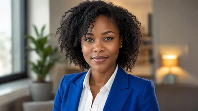 Black woman in cobalt blazer in softly blurred office interior, window key and rim light.