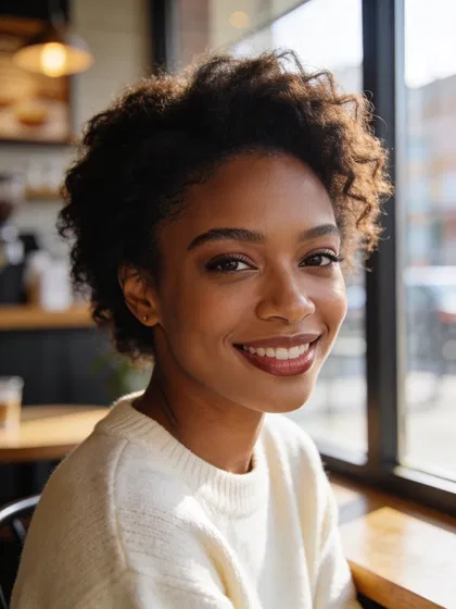 Black woman in coffee shop window light, warm headshot for dating profile.