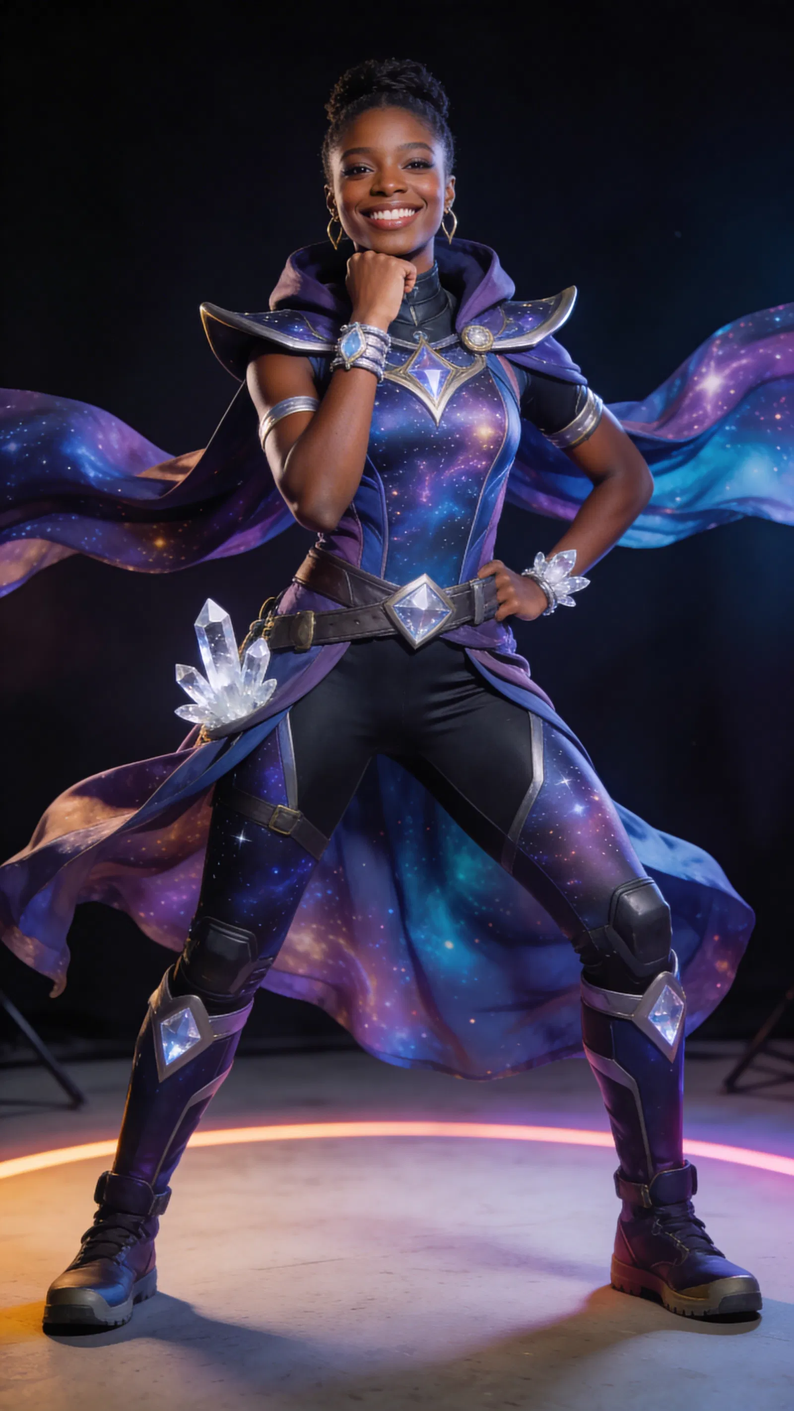 Black woman in cosmic sorcerer cosplay, dramatic full-body studio portrait
