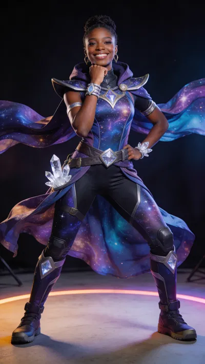 Black woman in cosmic sorcerer cosplay, dramatic full-body studio portrait