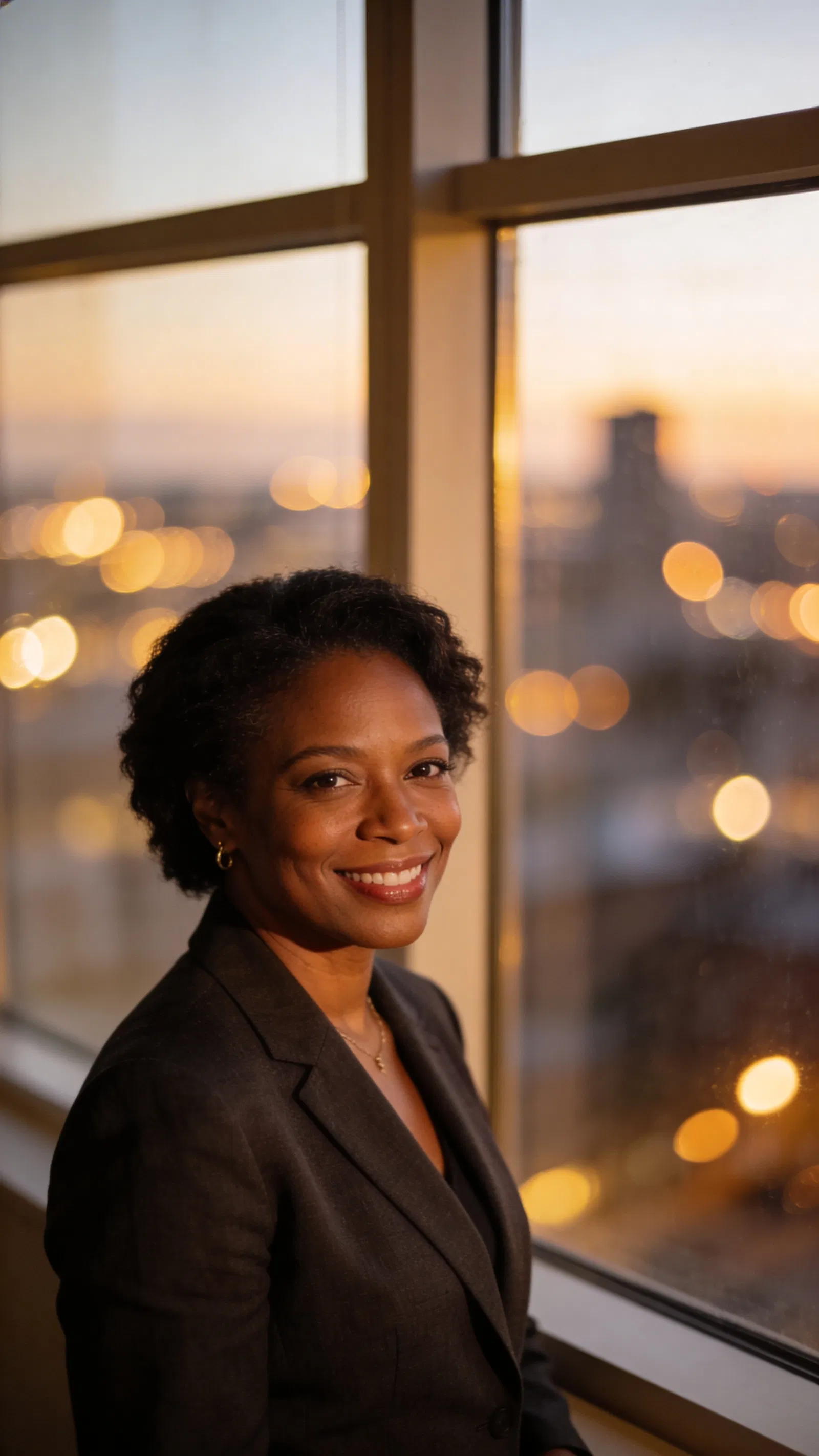 Black woman in dark blazer by window with evening city bokeh portrait
