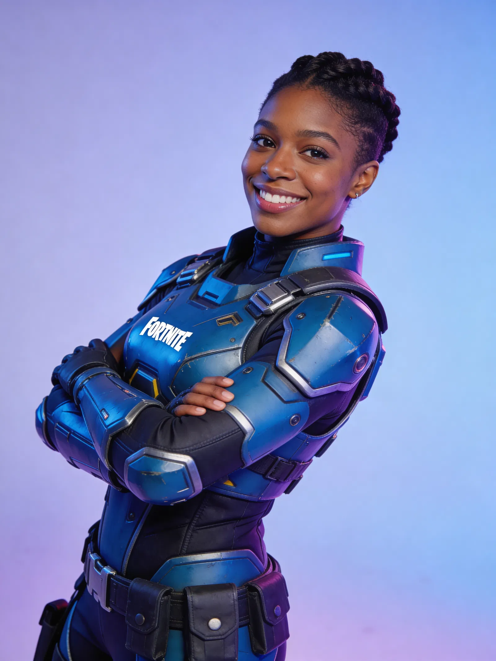 Black woman in futuristic Fortnite-inspired armor, studio portrait