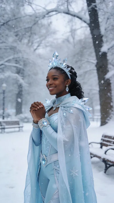 Black woman in ice queen cosplay, snowy outdoor three-quarter portrait