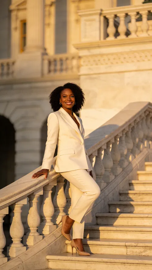 Black woman in ivory suit on marble stairs with soft classic glamour lighting