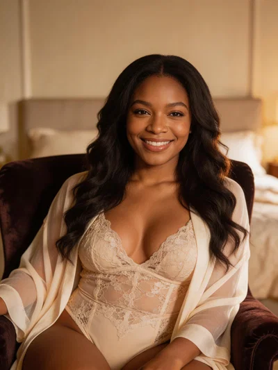 Black woman in lace bodysuit with sheer robe, warm boudoir portrait