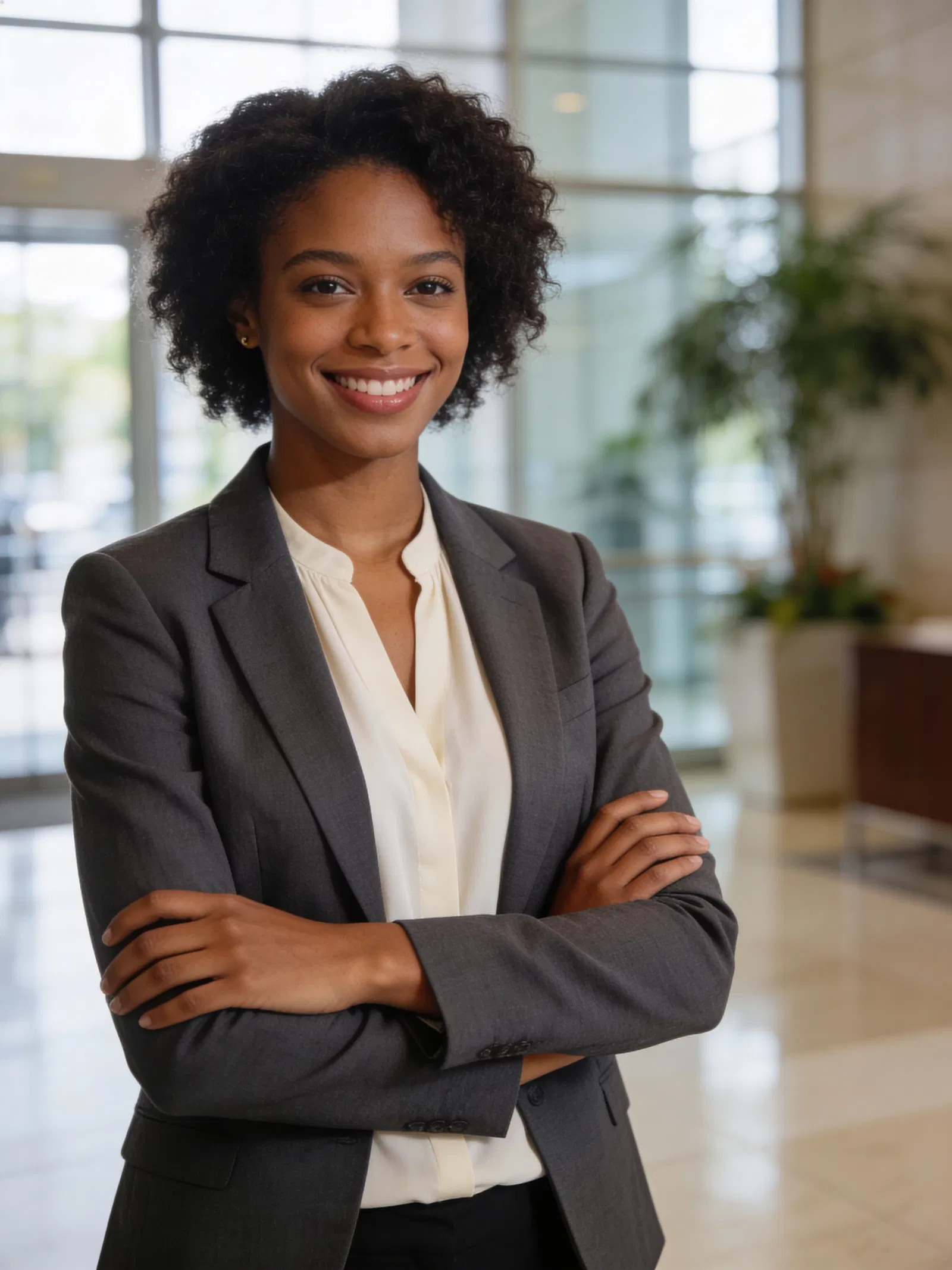 Black woman in modern lobby, half-body professional AI headshot style
