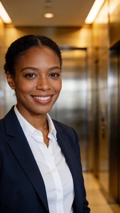 Black woman in navy blazer in elevator lobby corporate portrait