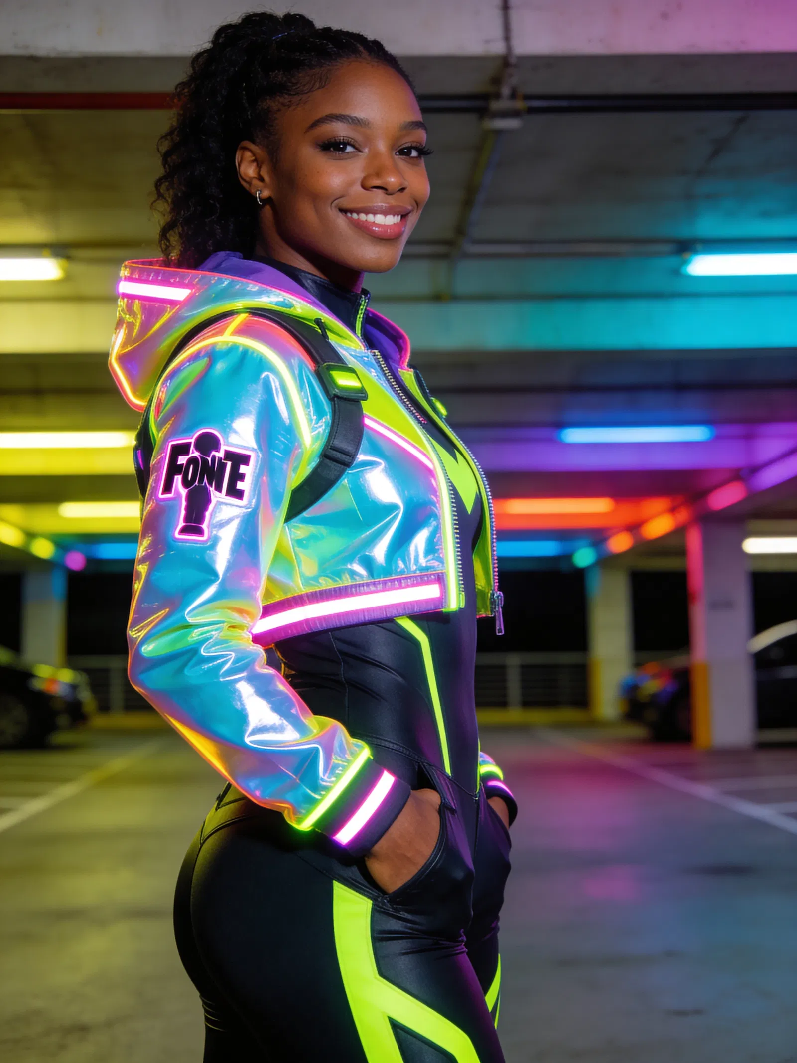 Black woman in neon cyber Fortnite-inspired cosplay, cinematic three-quarter portrait