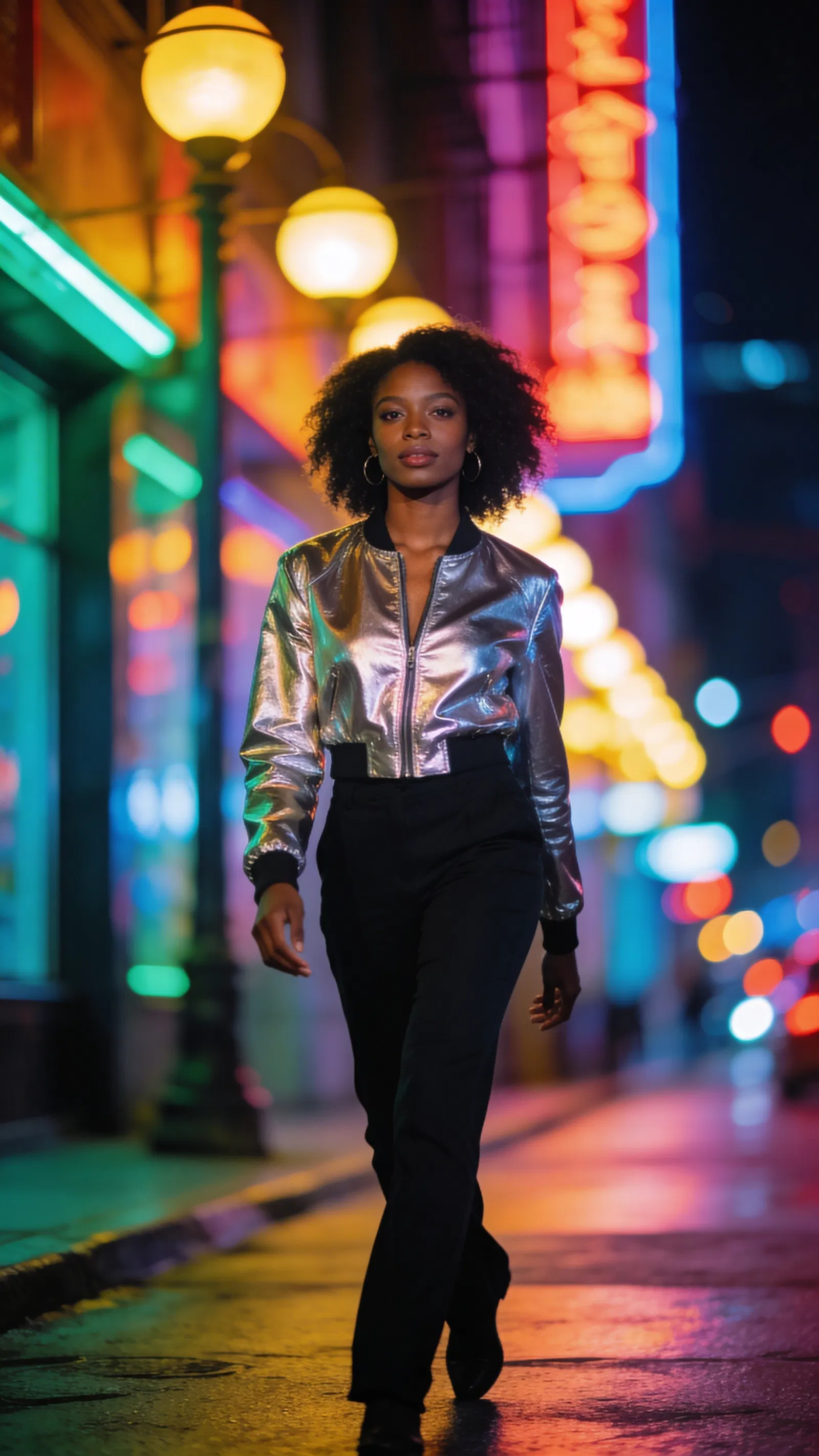 Black woman in neon night street full-body editorial fashion portrait