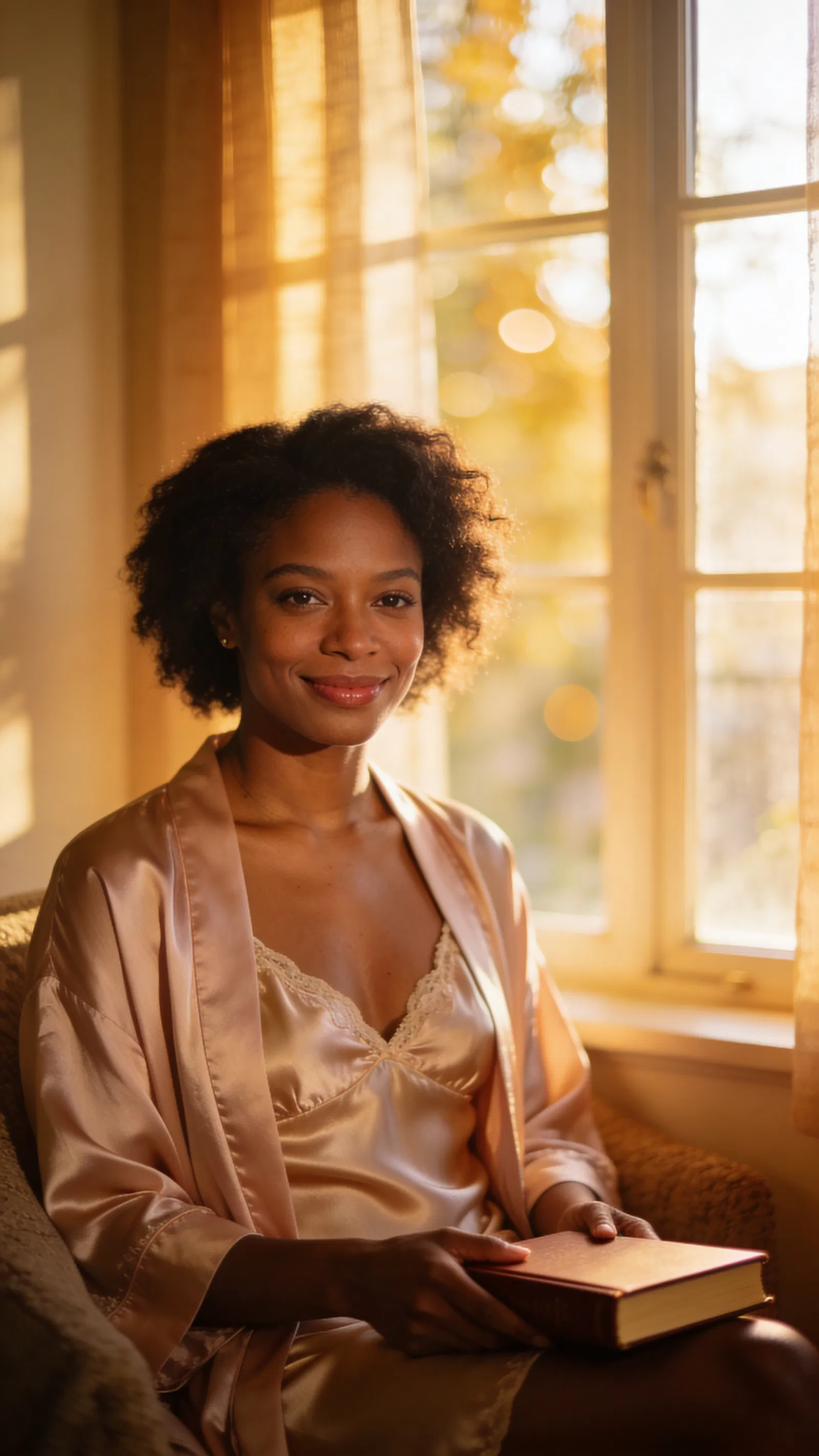 Black woman in reading nook wearing satin slip and robe, warm cozy lighting