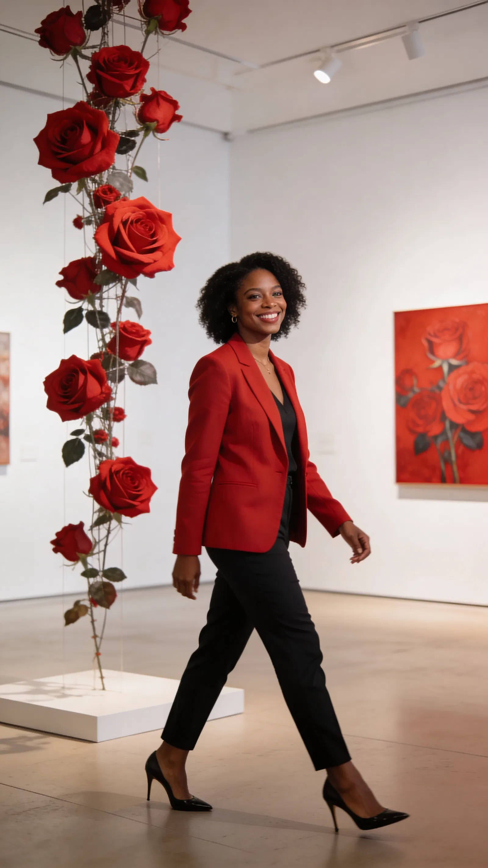 Black woman in red blazer walking in gallery with red rose installation.