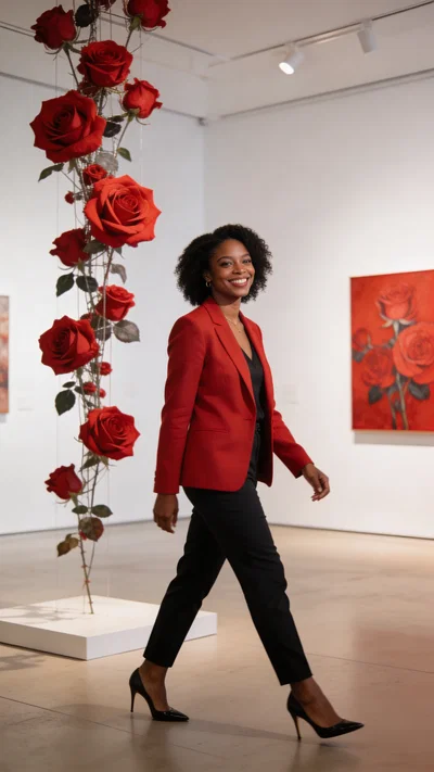 Black woman in red blazer walking in gallery with red rose installation.
