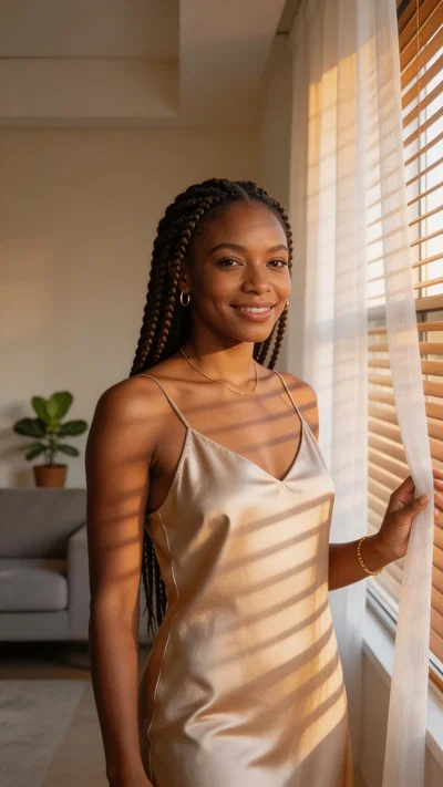 Black woman in satin slip, golden hour living room portrait