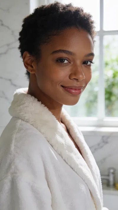 Black woman in soft bathroom window light, fresh boudoir headshot