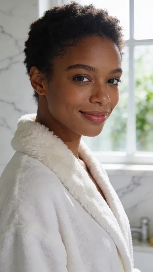 Black woman in soft bathroom window light, fresh boudoir headshot