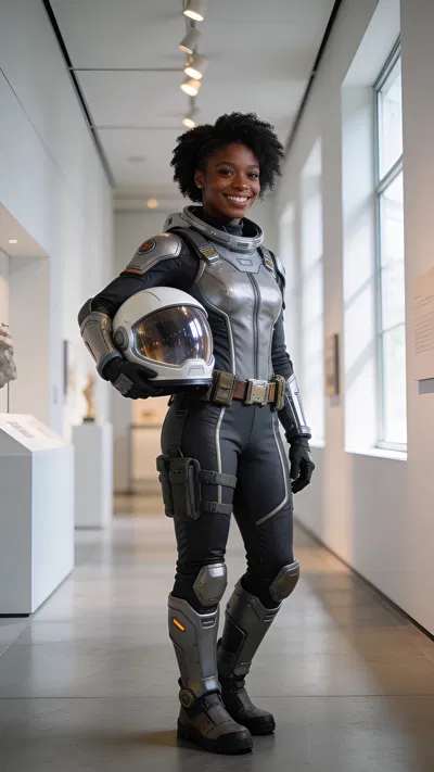 Black woman in space explorer cosplay, modern corridor environmental portrait