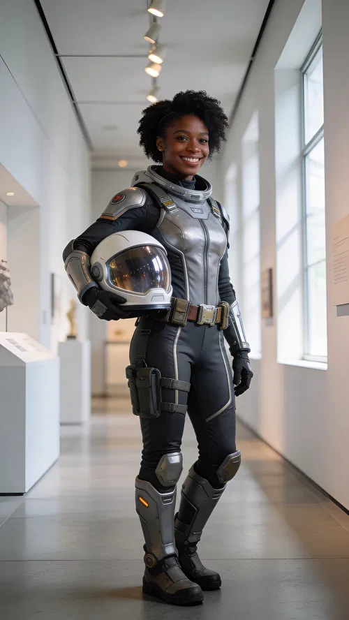 Black woman in space explorer cosplay, modern corridor environmental portrait