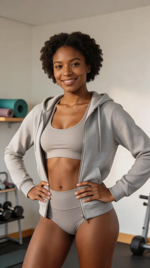 Black woman in sporty lingerie with hoodie, confident home gym 3/4 portrait