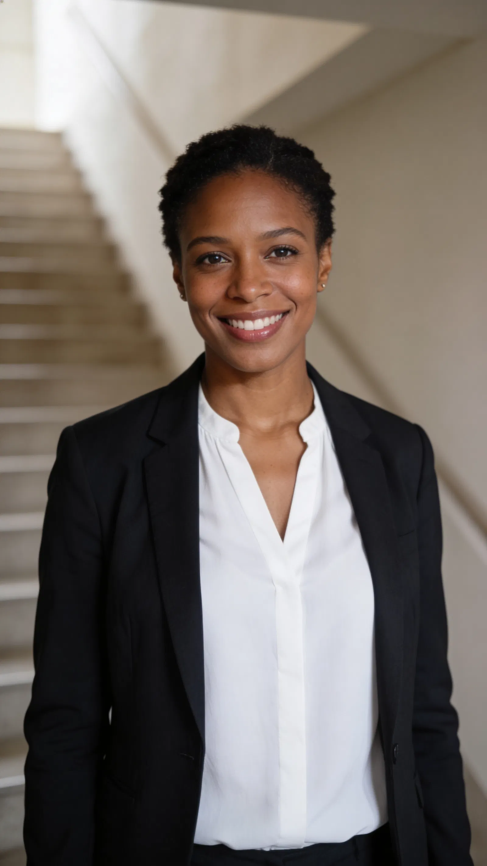Black woman in stairwell with premium professional CV photo look