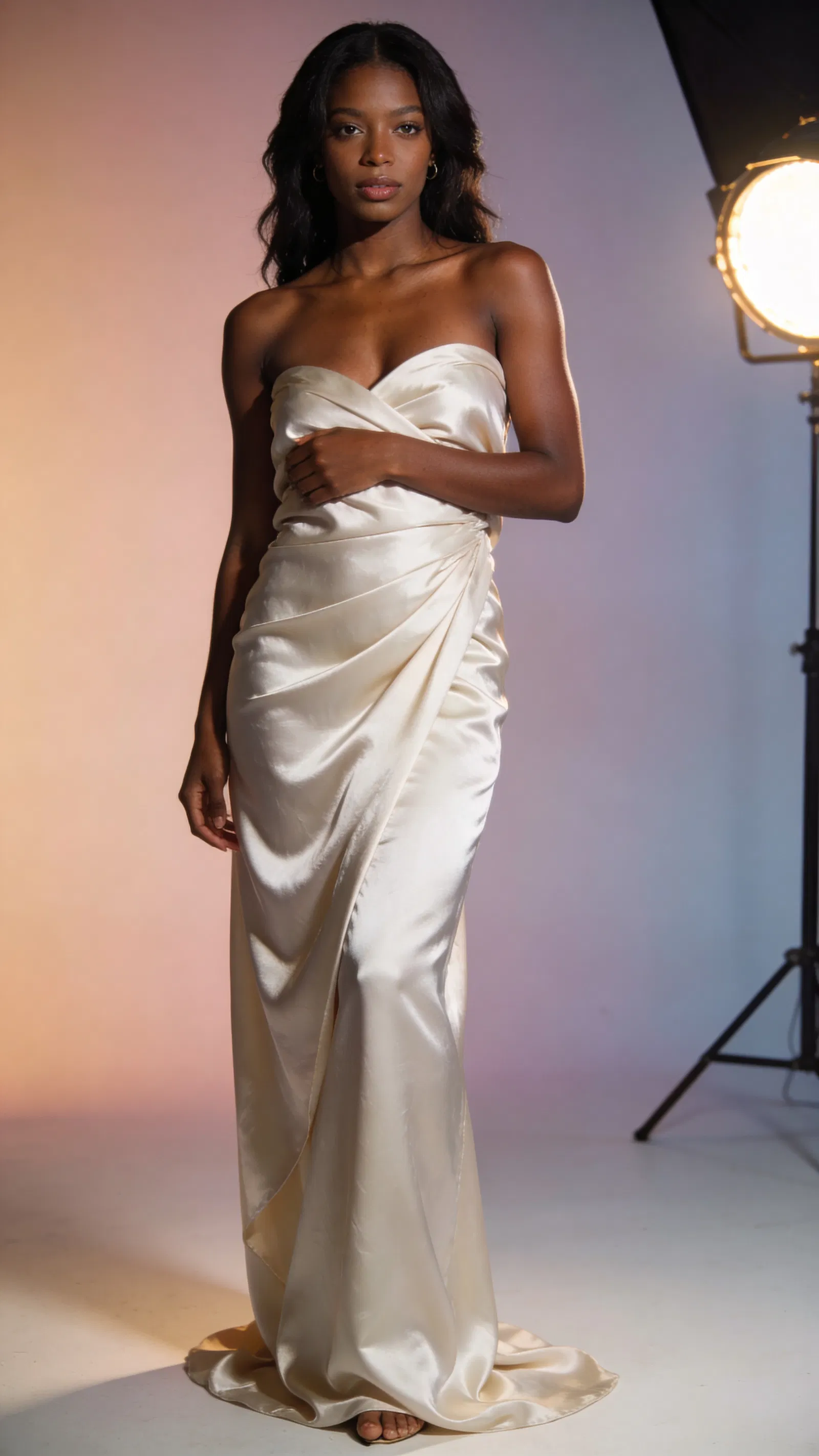 Black woman in studio satin wrap, confident classic boudoir portrait