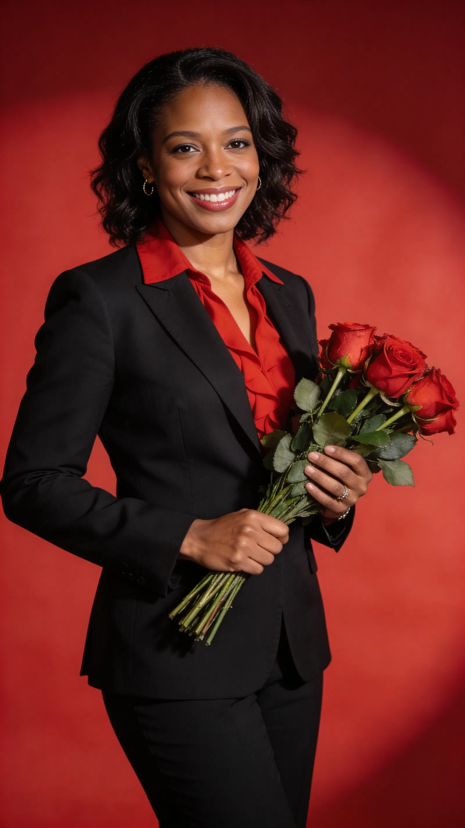 Black woman in suit holding roses against red studio backdrop, confident smile.