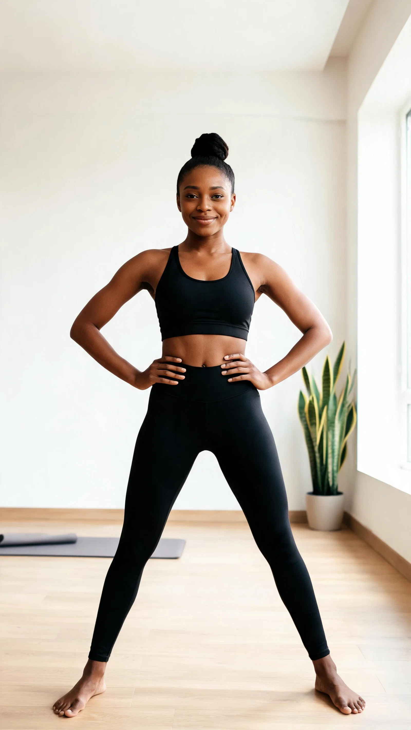 Black woman in yoga studio power pose, calm confident fitness looksmaxxing image
