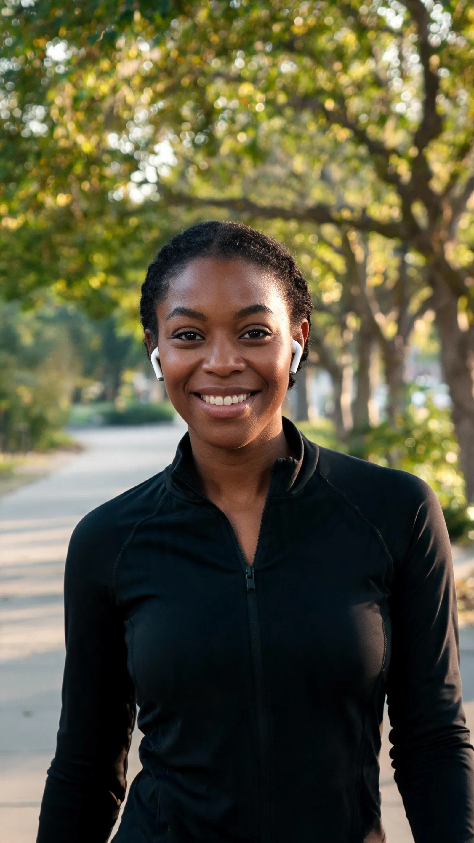 Black woman on morning walk in athletic jacket, confident healthy lifestyle looksmaxxing photo