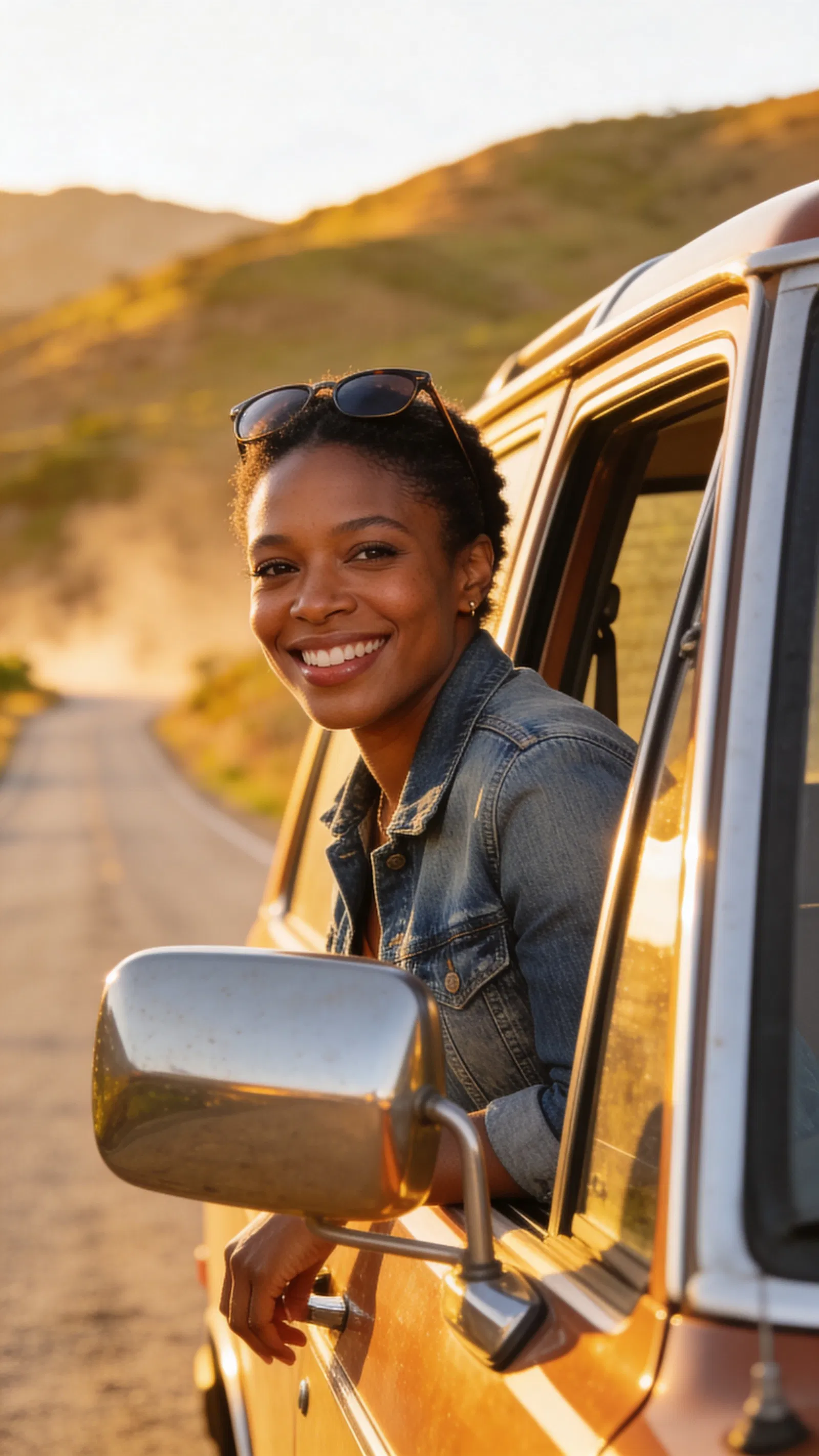 Black woman on road trip stop by classic car, golden hour travel portrait.