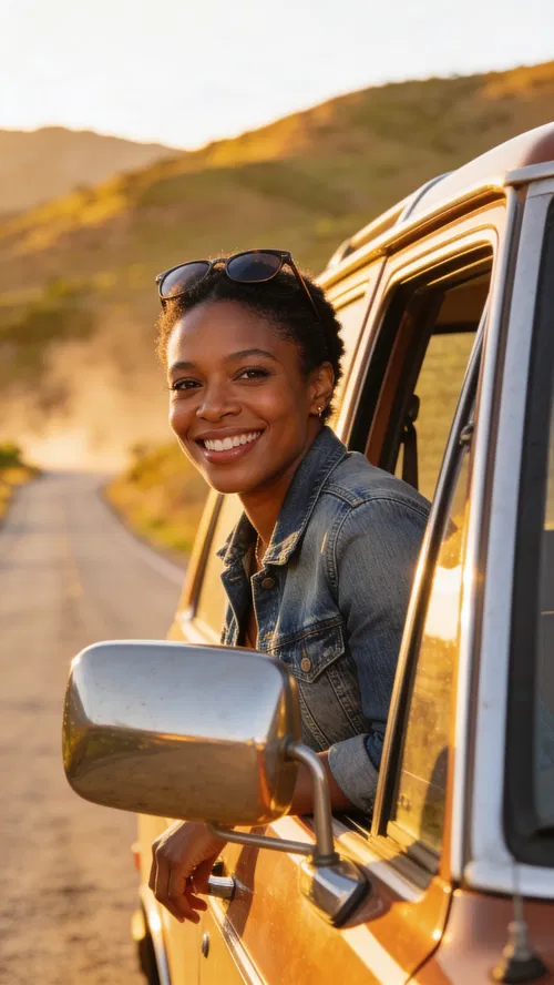 Black woman on road trip stop by classic car, golden hour travel portrait.
