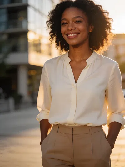 Black woman outdoor city portrait with warm smile and natural light