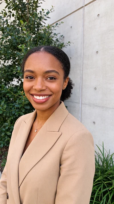 Black woman outdoors near greenery for bright, modern LinkedIn headshot