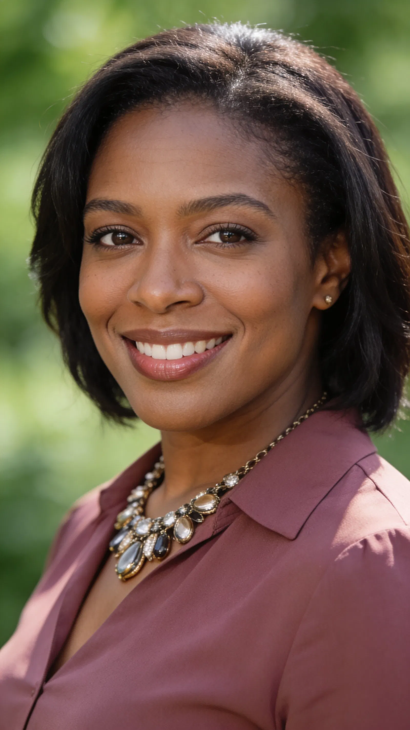 Black woman outdoors with green bokeh, confident welcoming profile headshot