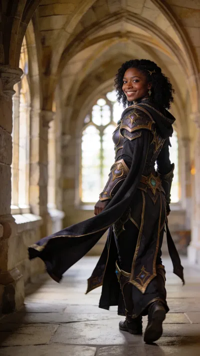 Black woman priest cosplay walking in stone hallway, natural light.