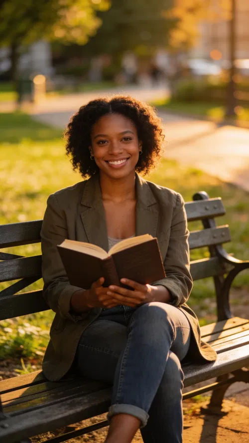 Black woman reading on park bench, relaxed smiling dating profile portrait.