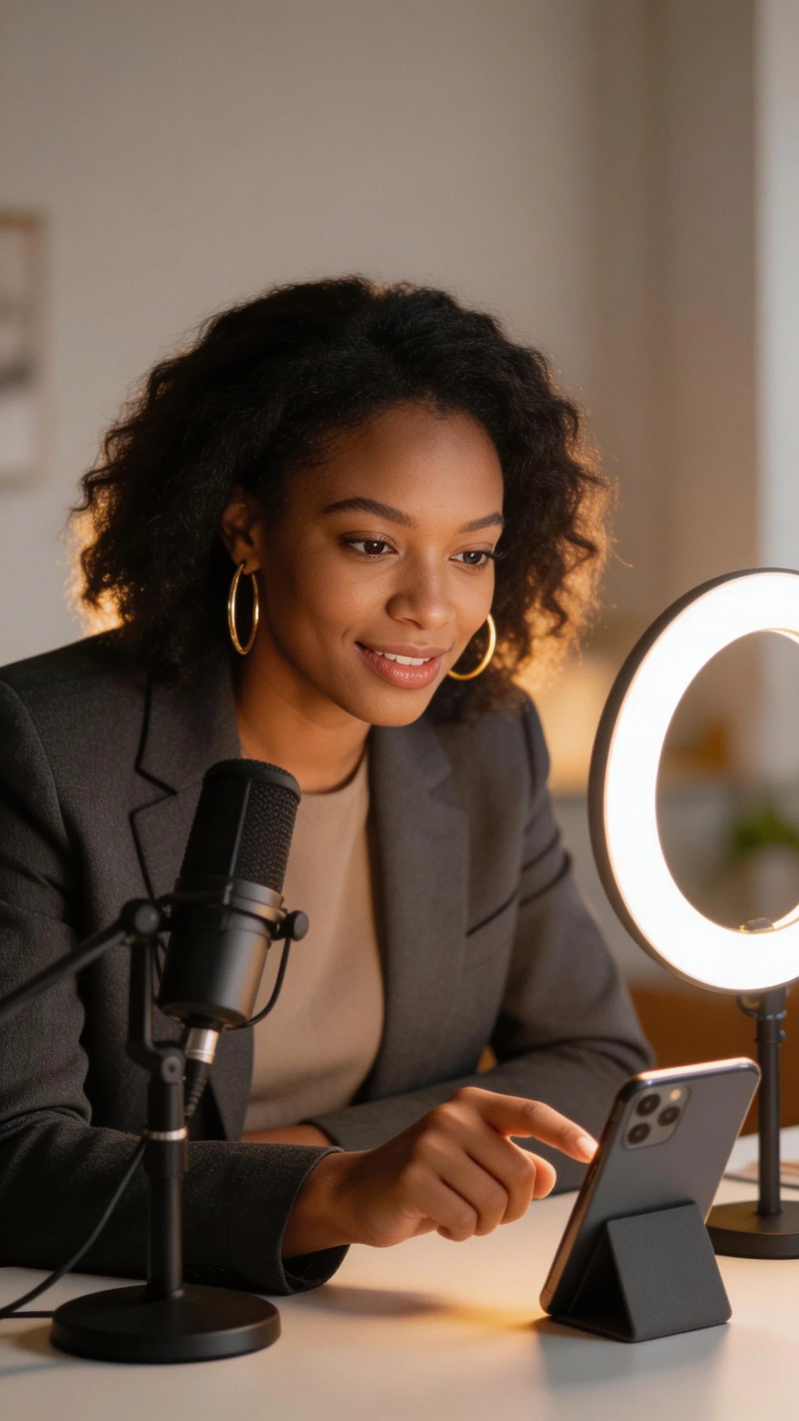 Black woman recording comment-to-video at desk with microphone and ring light