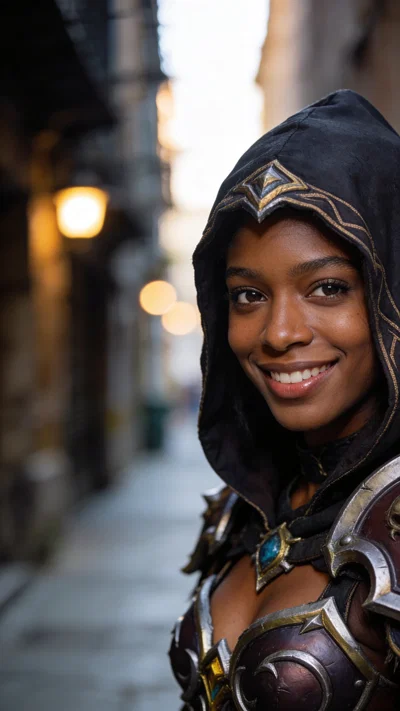 Black woman rogue cosplay head-and-shoulders portrait with hood.