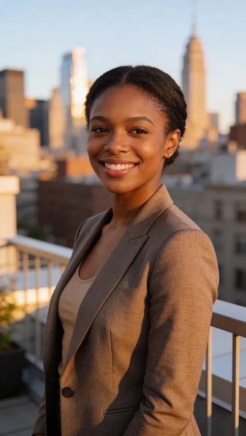 Black woman rooftop headshot, aspirational professional portrait for LinkedIn
