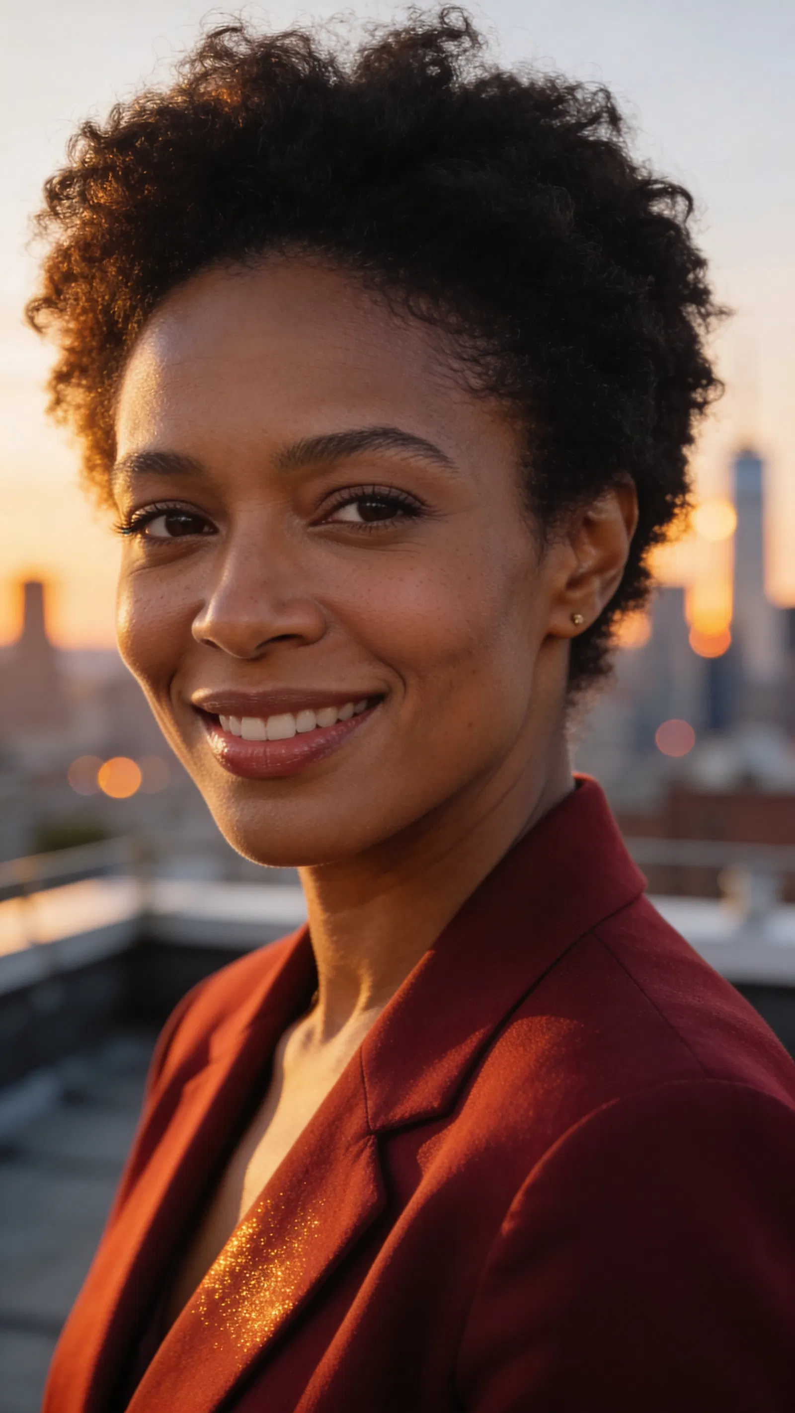 Black woman rooftop headshot in red blazer, leadership vibe portrait