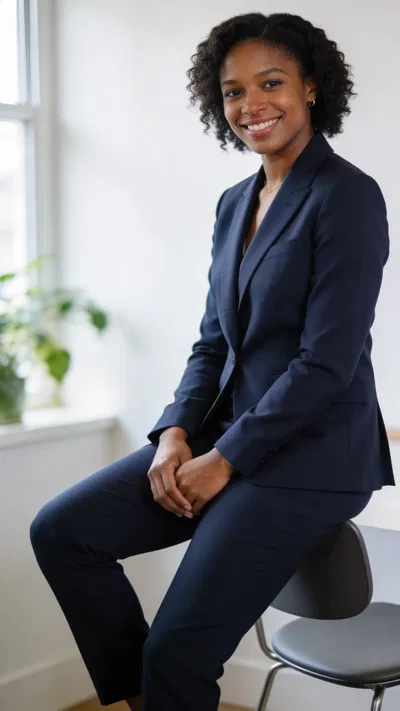 Black woman seated in office corner for professional CV photo